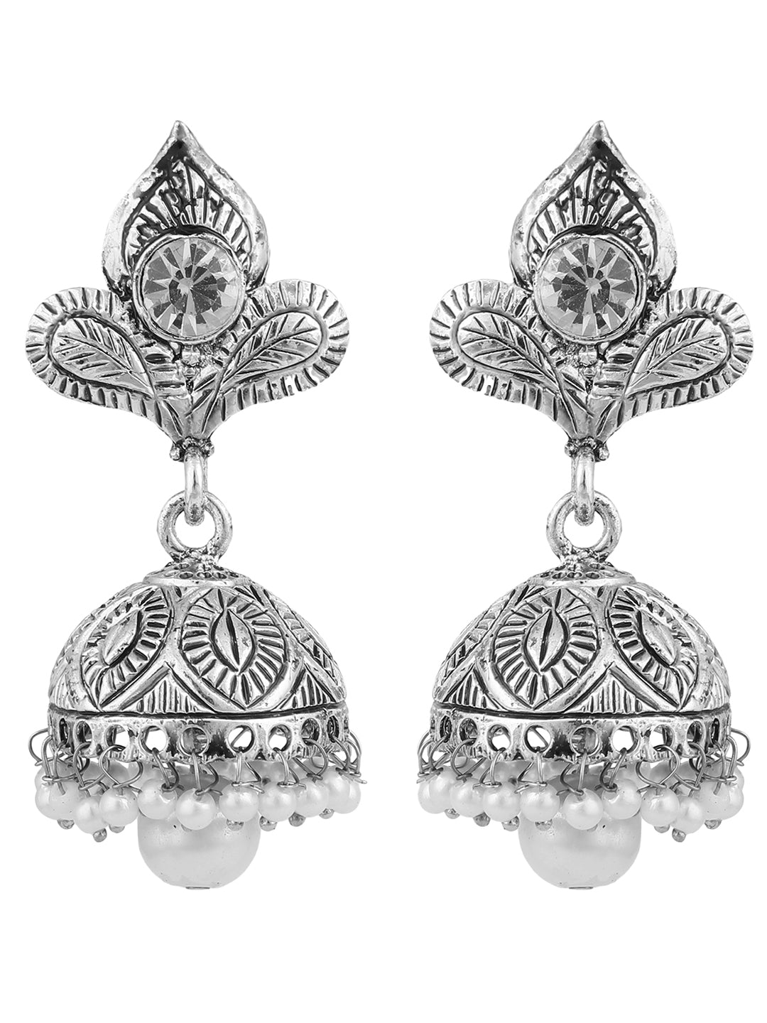 Women's Silver Plated Traditional Teardrop Shape Oxidised Stone Studded Jhumka Earring