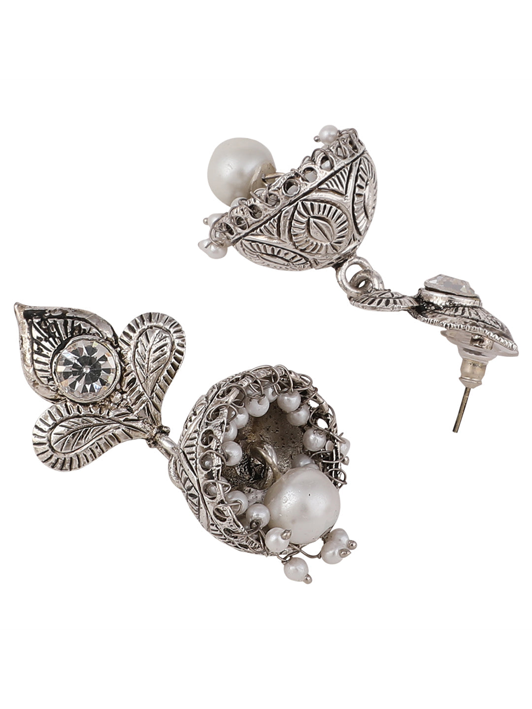 Women's Silver Plated Traditional Teardrop Shape Oxidised Stone Studded Jhumka Earring