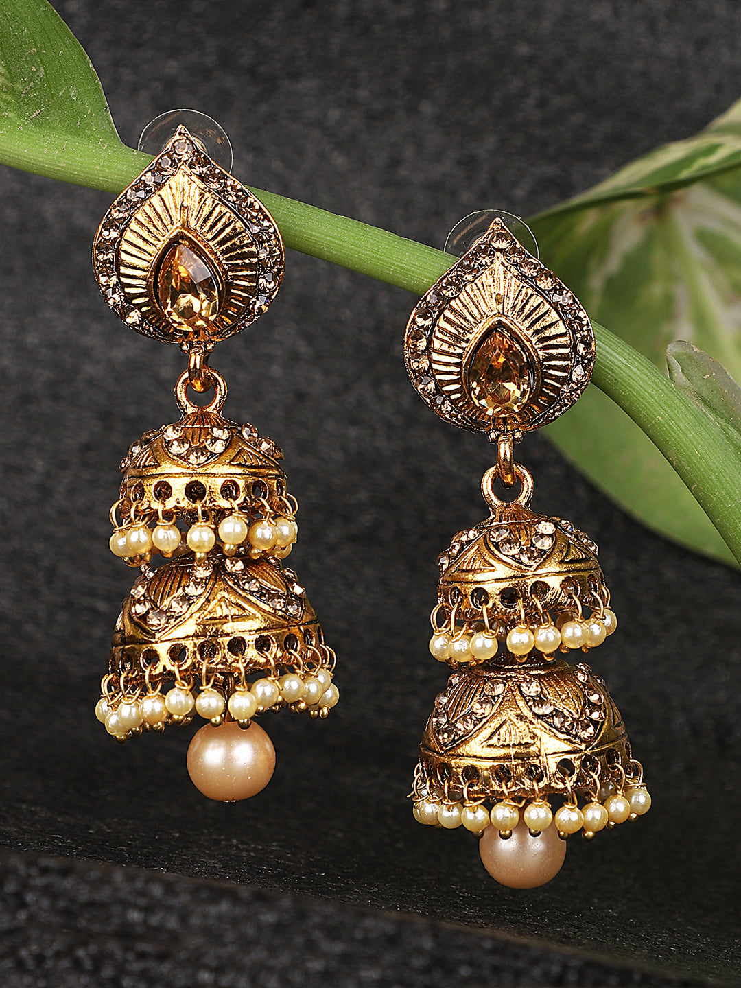 Women's LCT Stone Studded & Beaded 2 Floor Dome Shaped Jhumkas