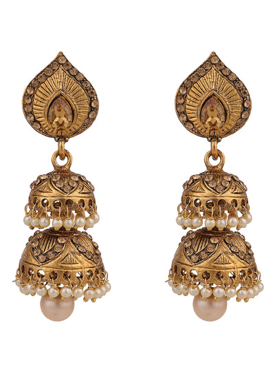 Women's LCT Stone Studded & Beaded 2 Floor Dome Shaped Jhumkas