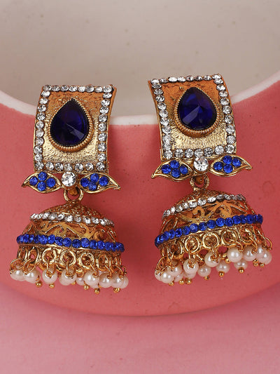 Women's Traditional Gold Plated Blue Stone Studded Classy Look Jhumka Earring