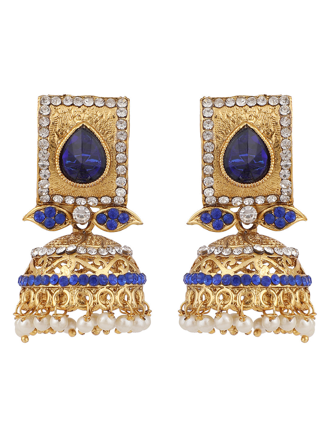 Women's Traditional Gold Plated Blue Stone Studded Classy Look Jhumka Earring