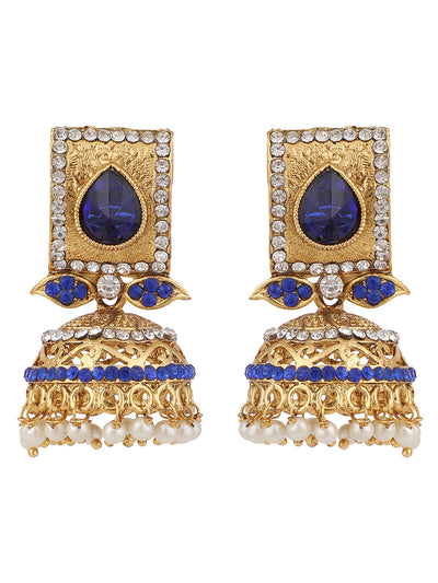 Women's Traditional Gold Plated Blue Stone Studded Classy Look Jhumka Earring