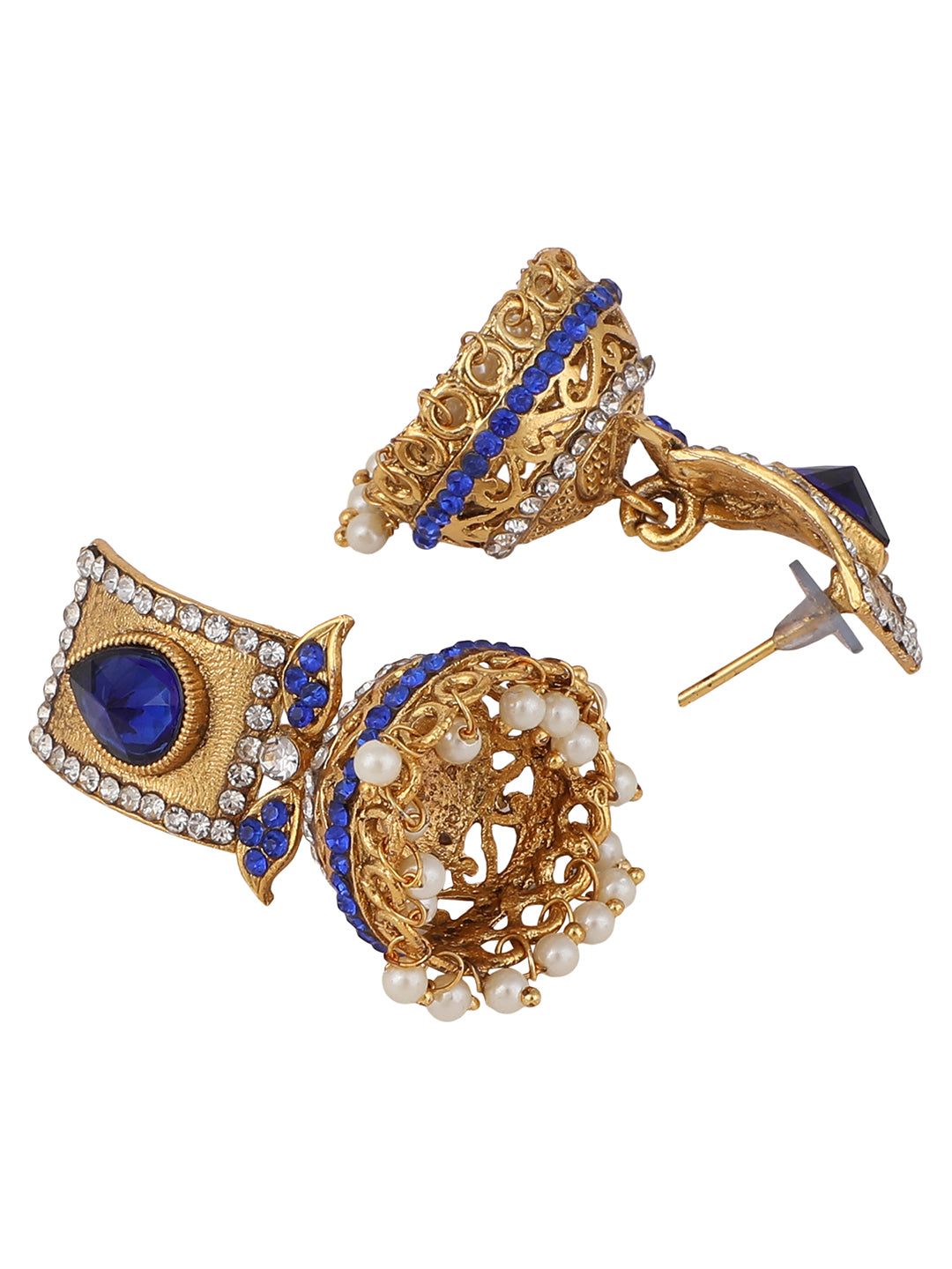 Women's Traditional Gold Plated Blue Stone Studded Classy Look Jhumka Earring