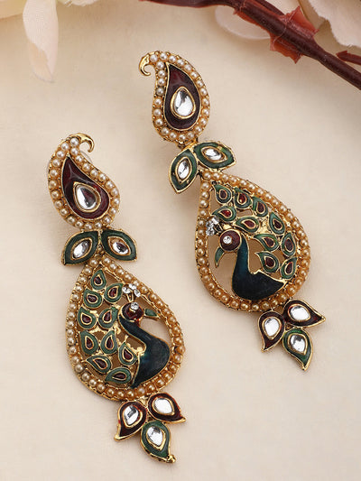 Women's Peacock Motif Gold Plated Meenakari Multicolour Traditional Drop Earring
