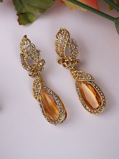 Women's Stylish Brown Crystal Gold Plated Stone Studded Classy Look Drop Earring