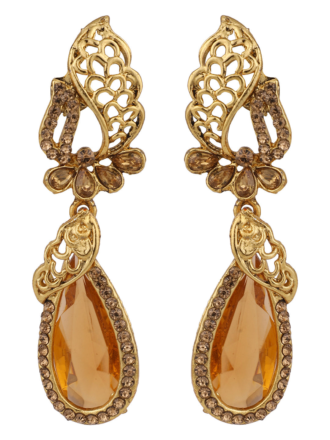 Women's Stylish Brown Crystal Gold Plated Stone Studded Classy Look Drop Earring