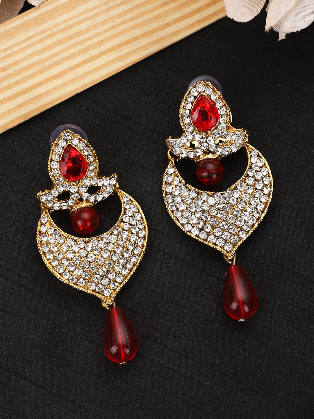 Women's Gold-Toned Red Stone & Pearl Studded Contemporary Chandbalis
