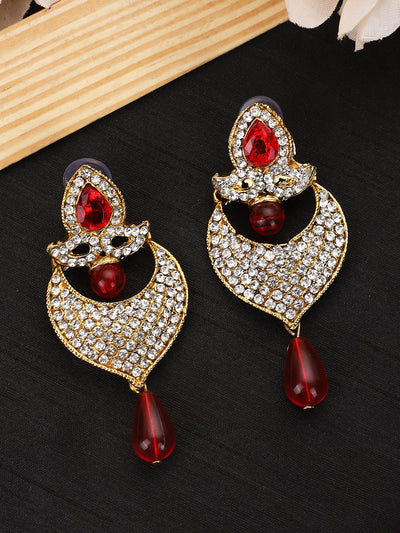 Women's Gold-Toned Red Stone & Pearl Studded Contemporary Chandbalis