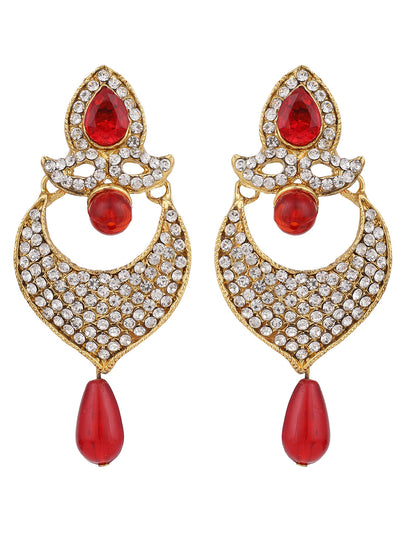 Women's Gold-Toned Red Stone & Pearl Studded Contemporary Chandbalis