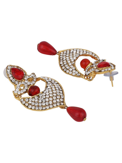 Women's Gold-Toned Red Stone & Pearl Studded Contemporary Chandbalis