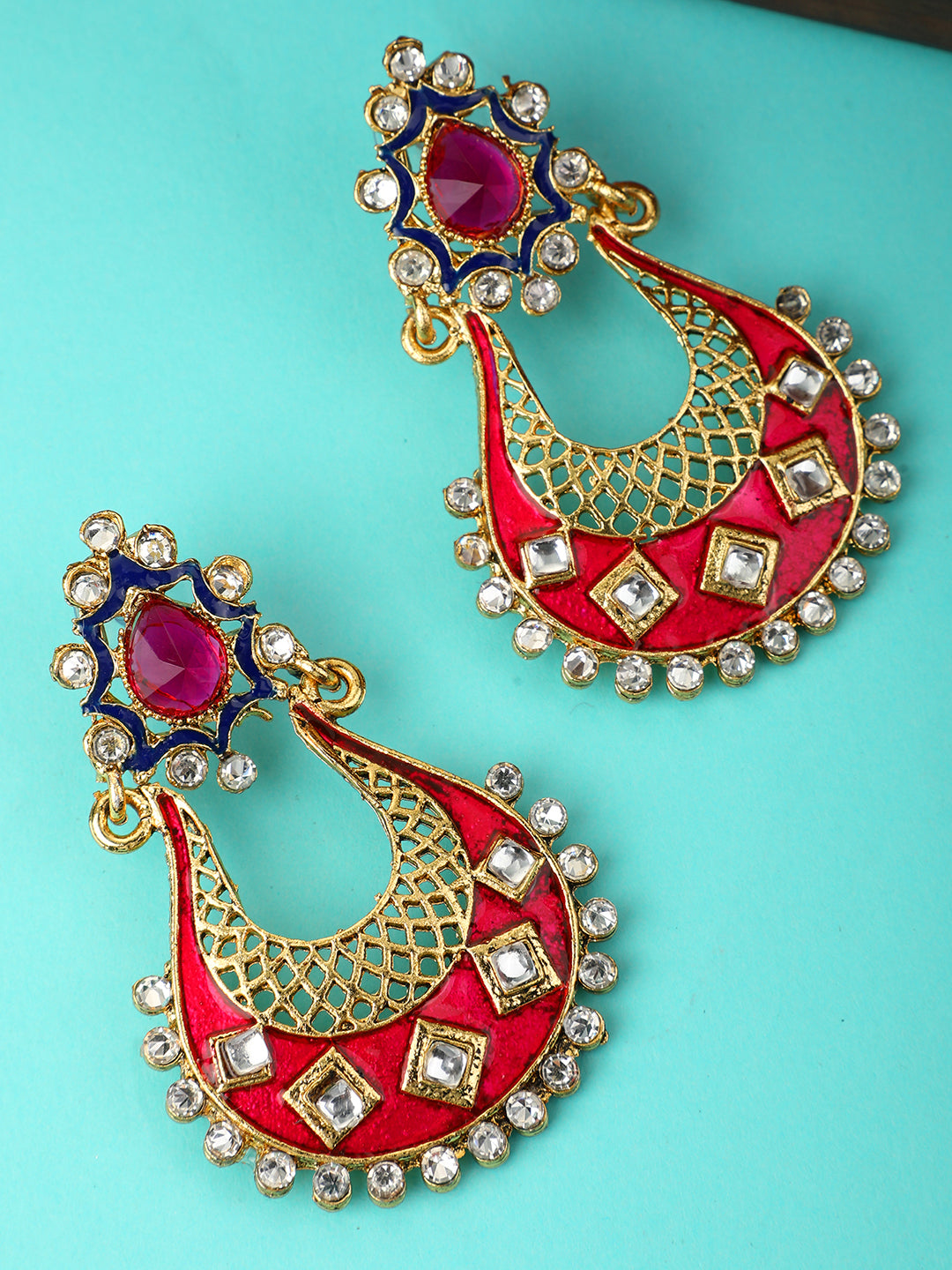 Women's Pink & White Gold Plated Brass Meenakari Chandbali Earring