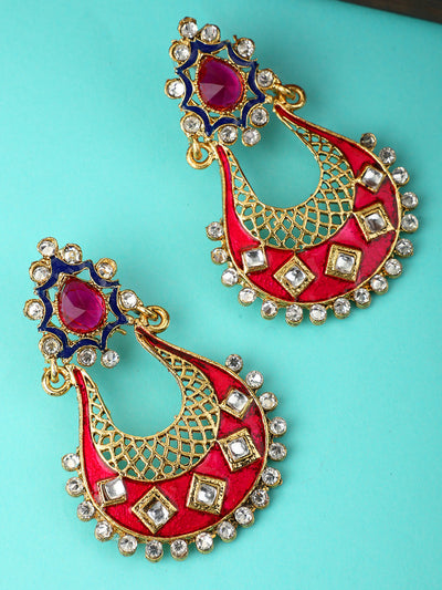 Women's Pink & White Gold Plated Brass Meenakari Chandbali Earring