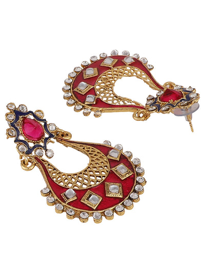 Women's Pink & White Gold Plated Brass Meenakari Chandbali Earring