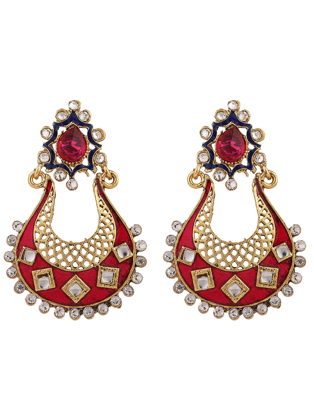 Women's Pink & White Gold Plated Brass Meenakari Chandbali Earring