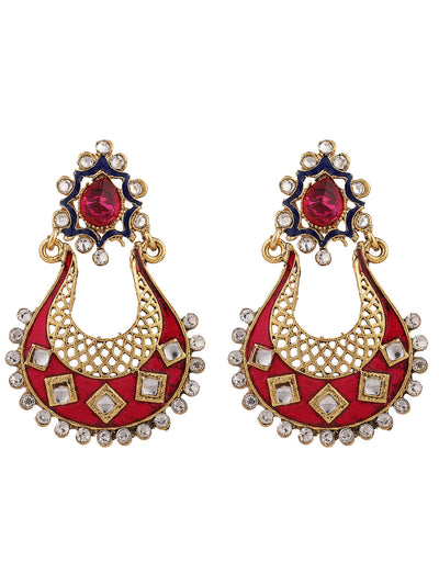 Women's Pink & White Gold Plated Brass Meenakari Chandbali Earring