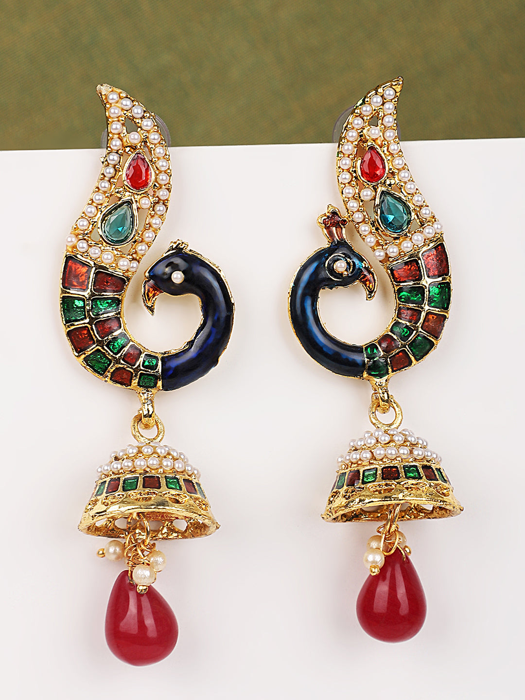 Women's Peacock Motif Gold Plated Meenakari Multicolour Traditional Jhumka Earring