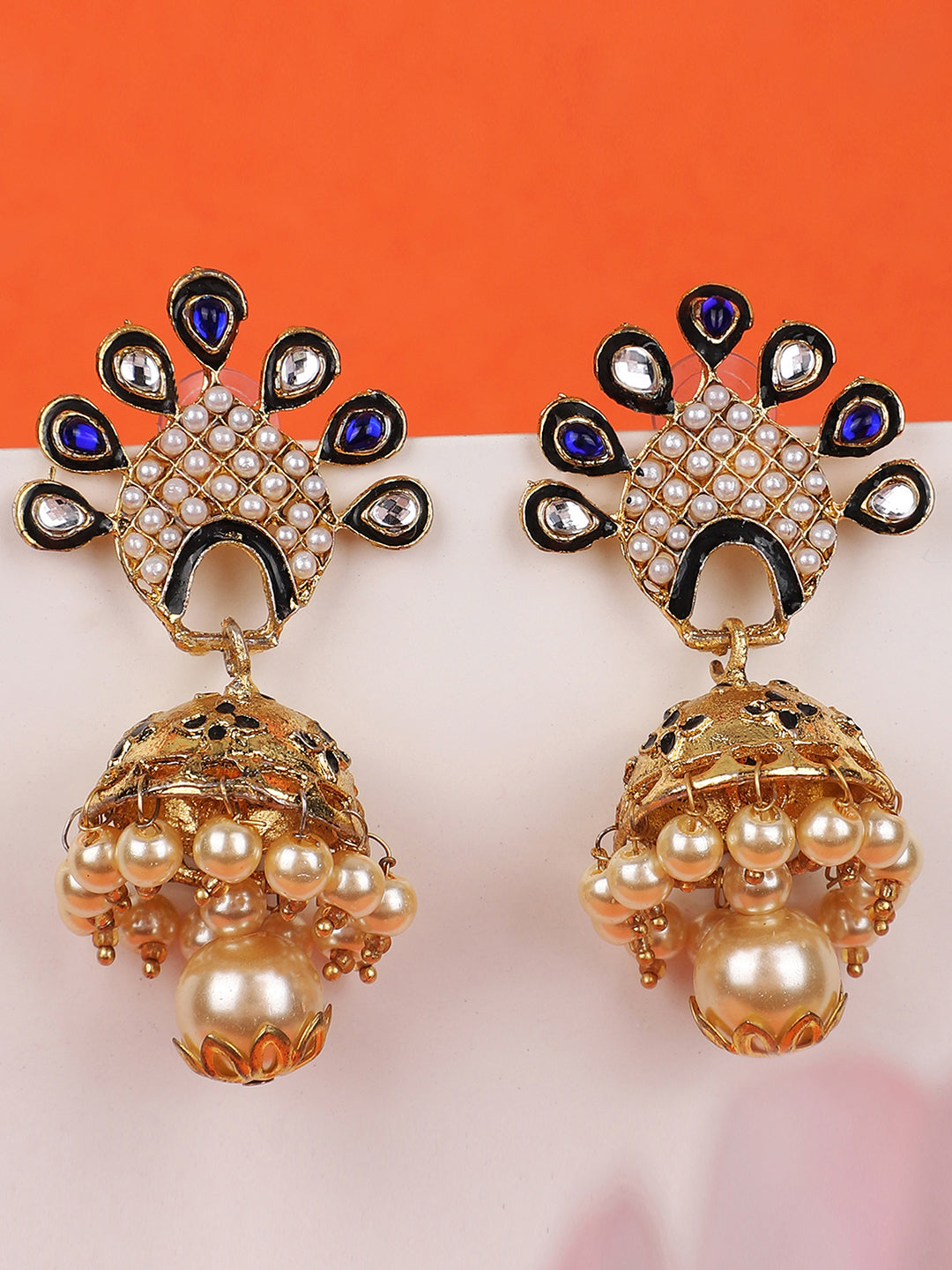 Women's Blue & White Stone Studded Peacock Shape Gold Plated Traditional Jhumka