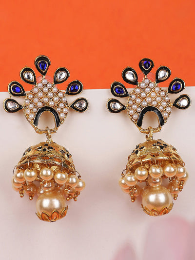 Women's Blue & White Stone Studded Peacock Shape Gold Plated Traditional Jhumka