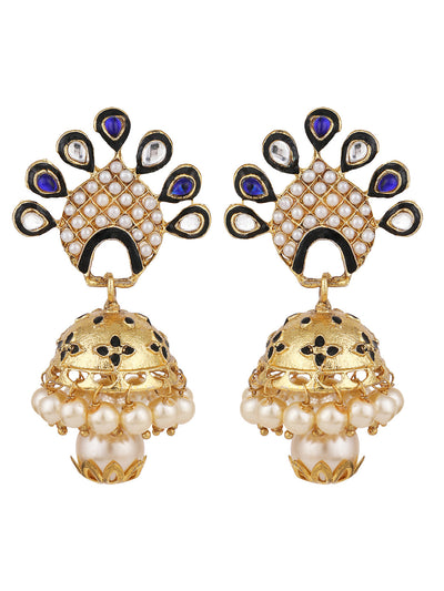 Women's Blue & White Stone Studded Peacock Shape Gold Plated Traditional Jhumka