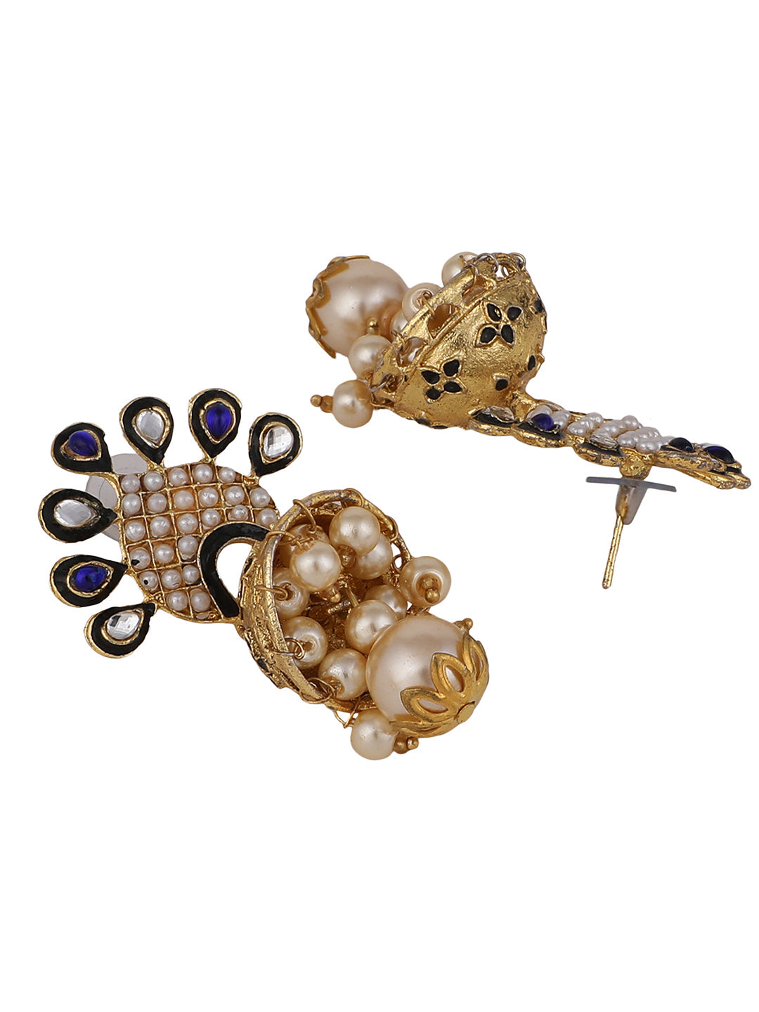 Women's Blue & White Stone Studded Peacock Shape Gold Plated Traditional Jhumka