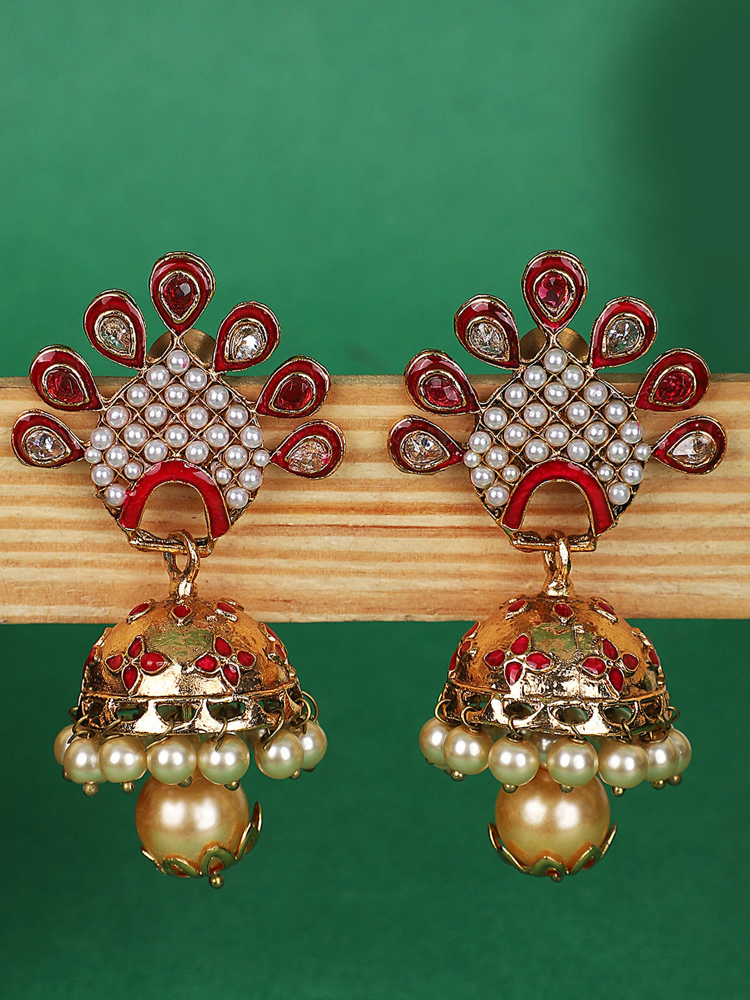 Women's Red & White Stone Studded Peacock Shape Gold Plated Traditional Jhumka
