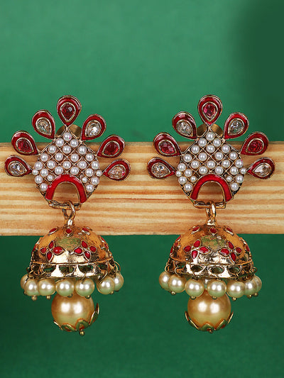 Women's Red & White Stone Studded Peacock Shape Gold Plated Traditional Jhumka