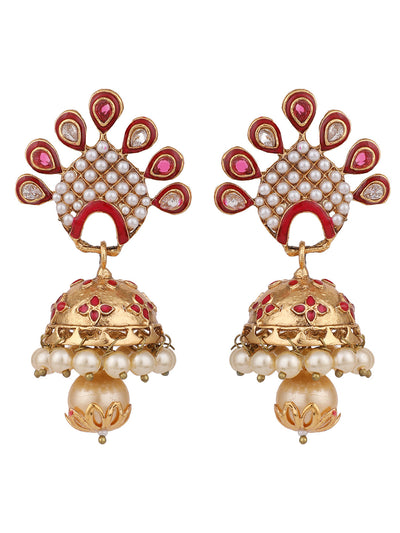 Women's Red & White Stone Studded Peacock Shape Gold Plated Traditional Jhumka