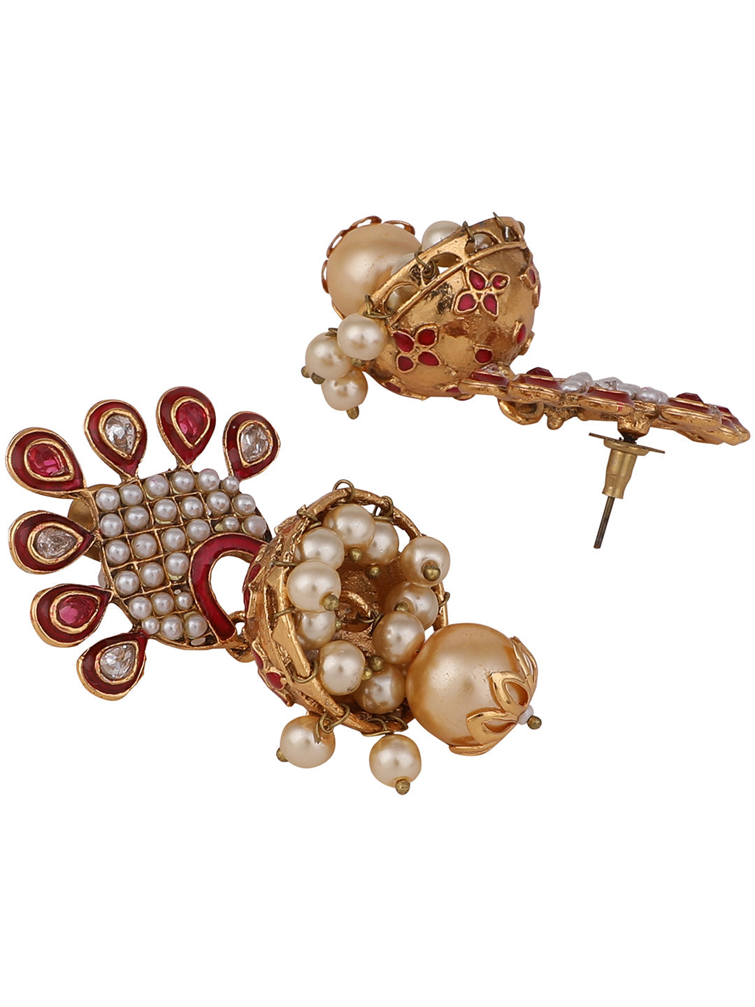 Women's Red & White Stone Studded Peacock Shape Gold Plated Traditional Jhumka