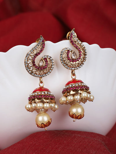 Women's Gold Plated Red & White Stone Studded Jhumka Earring