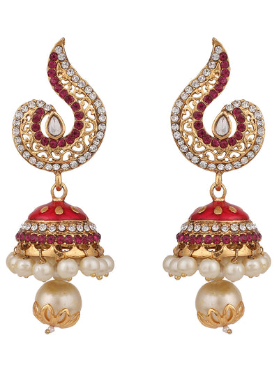 Women's Gold Plated Red & White Stone Studded Jhumka Earring