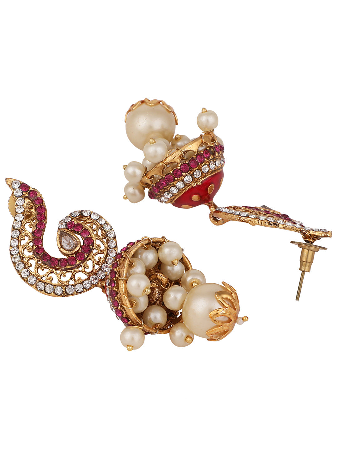 Women's Gold Plated Red & White Stone Studded Jhumka Earring