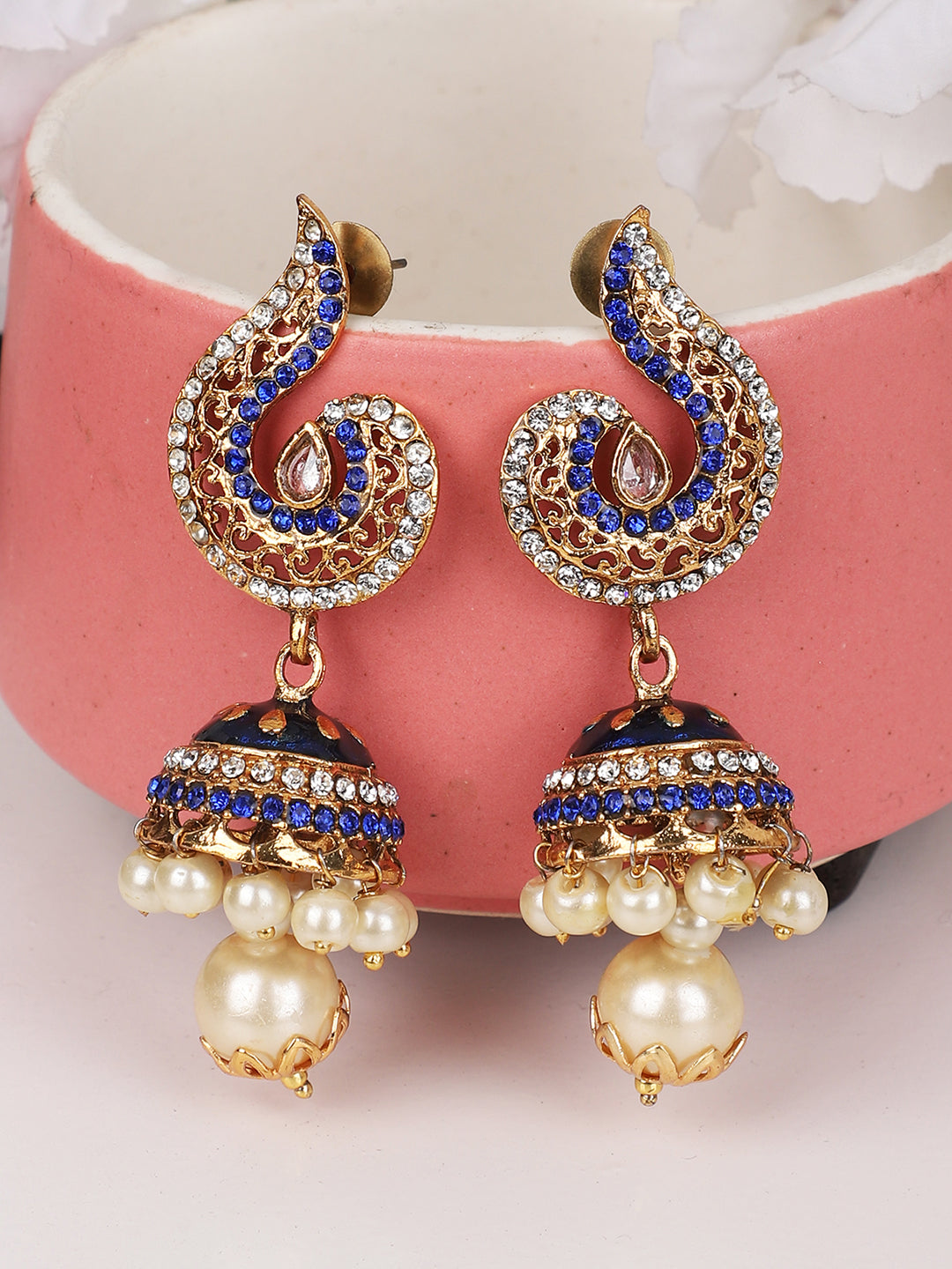 Women's Gold Plated Blue & White Stone Studded Jhumka Earring