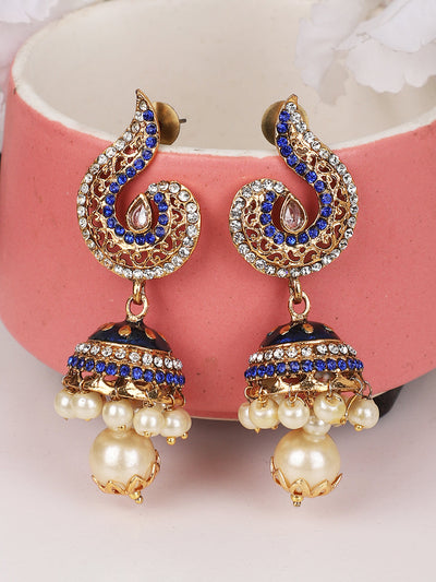 Women's Gold Plated Blue & White Stone Studded Jhumka Earring