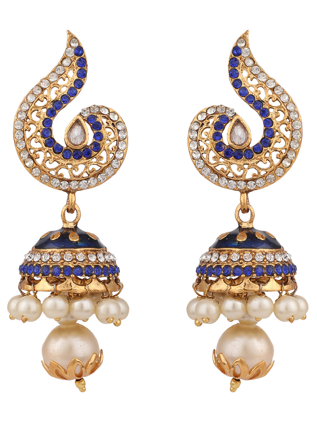 Women's Gold Plated Blue & White Stone Studded Jhumka Earring