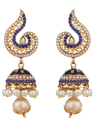 Women's Gold Plated Blue & White Stone Studded Jhumka Earring