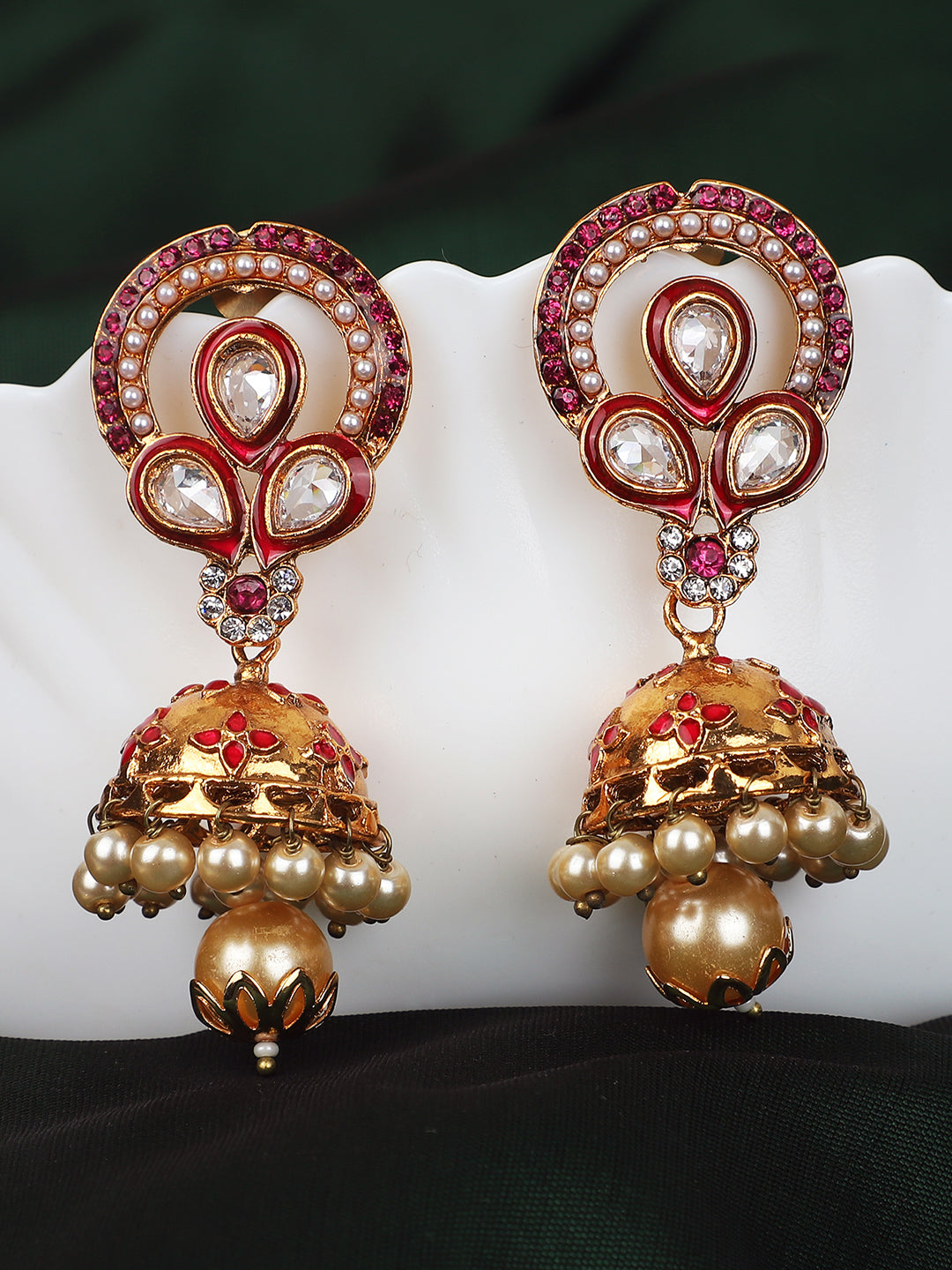 Women's Traditional Gold Plated Floral Shape Red & White Stone Brass Jhumka