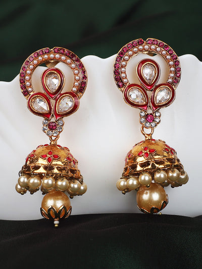 Women's Traditional Gold Plated Floral Shape Red & White Stone Brass Jhumka