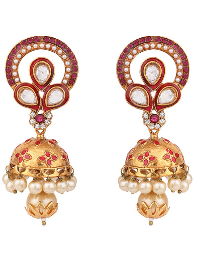 Women's Traditional Gold Plated Floral Shape Red & White Stone Brass Jhumka