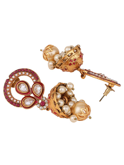 Women's Traditional Gold Plated Floral Shape Red & White Stone Brass Jhumka