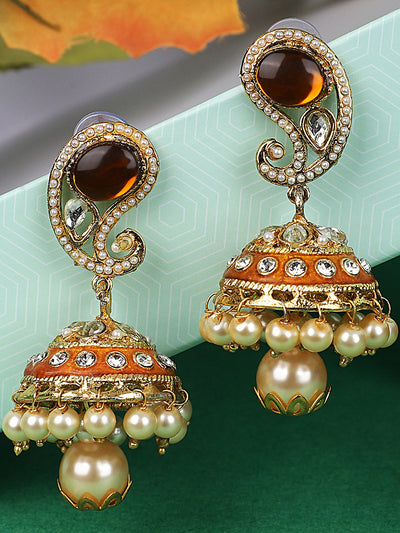Women's Brown Enamel Carry Shaped Brass Meenakari Jhumka Earring