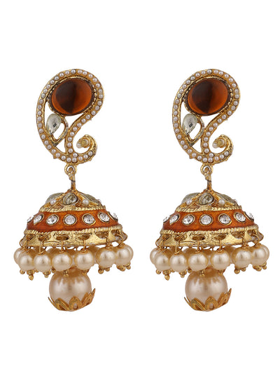 Women's Brown Enamel Carry Shaped Brass Meenakari Jhumka Earring