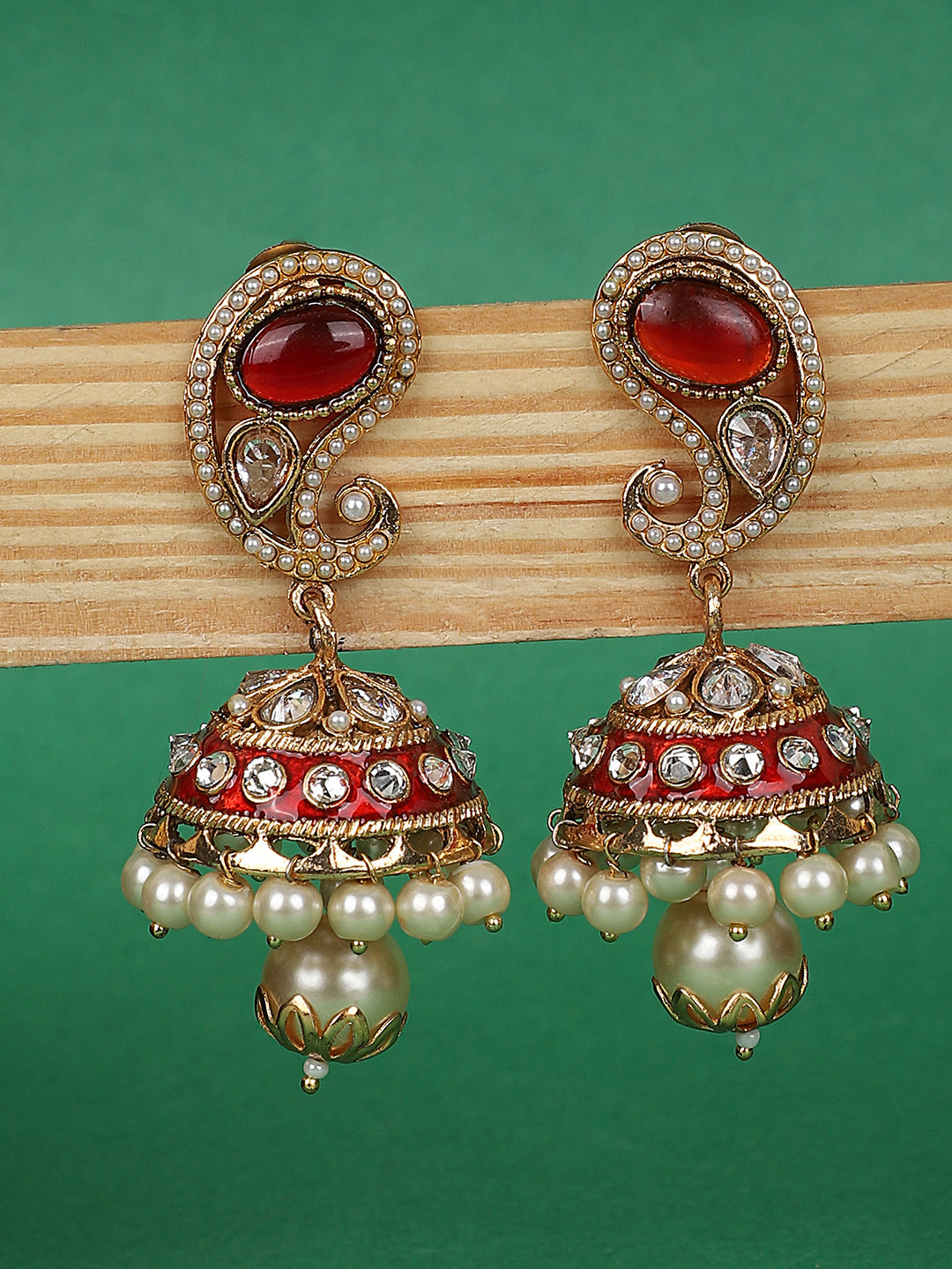 Women's Pink Enamel Carry Shaped Brass Meenakari Jhumka Earring