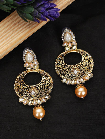Women's Gold Tone Contemporary White Stone and Pearl Brass Chandbali Earring