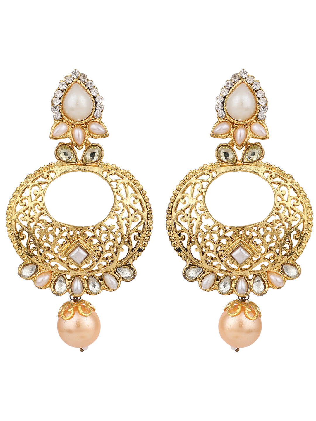 Women's Gold Tone Contemporary White Stone and Pearl Brass Chandbali Earring
