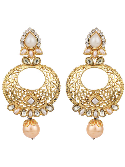 Women's Gold Tone Contemporary White Stone and Pearl Brass Chandbali Earring