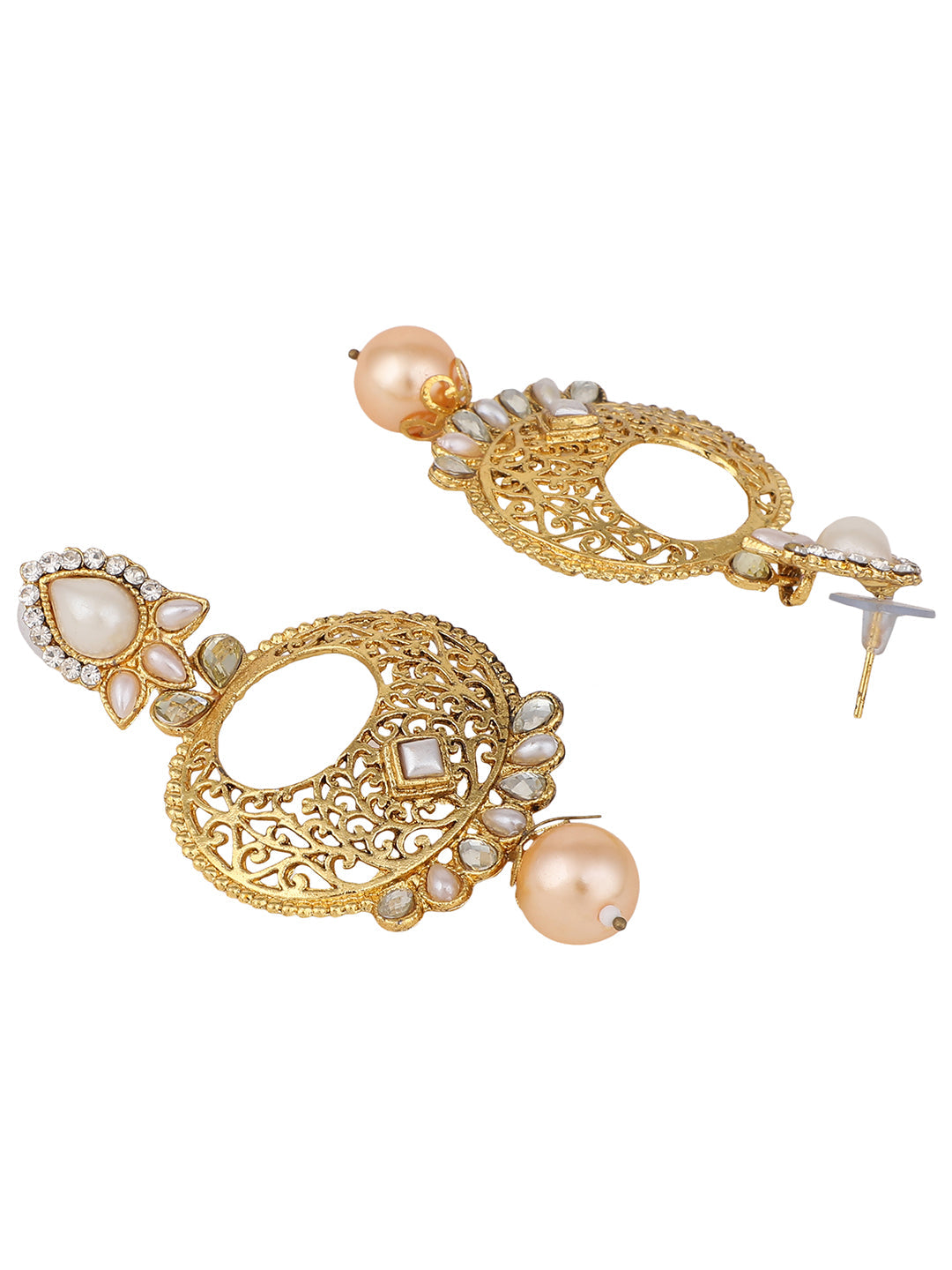 Women's Gold Tone Contemporary White Stone and Pearl Brass Chandbali Earring