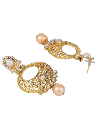 Women's Gold Tone Contemporary White Stone and Pearl Brass Chandbali Earring