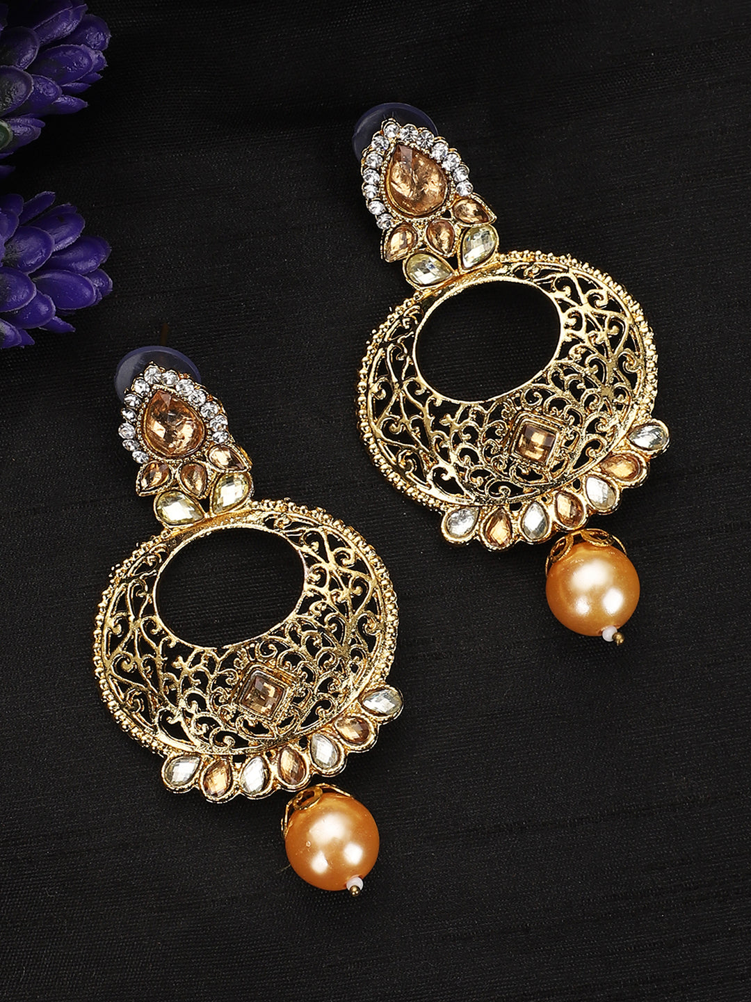 Women's Gold Tone Contemporary LCT Stone and Pearl Brass Chandbali Earring