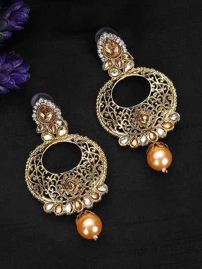 Women's Gold Tone Contemporary LCT Stone and Pearl Brass Chandbali Earring